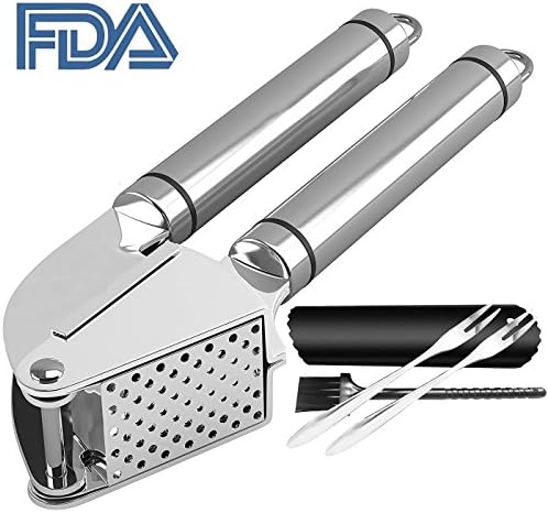 Aincrso Garlic Press and Peeler Set FDA Approved Kitchen 304 Stainless Steel Ginger and Garlic Mincer with Silicone Tube Peeler. 5 Pieces Kit.