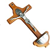 RZRHMUHN Wooden Saint Benedict Exorcism Crucifix with Holy Water Font - 8.5" Wall-Mounted Catholic Decor, Metal Corpus, Religious Gift (Yellow)