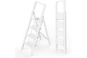 WOA WOA 4 Step Ladder, Stepping Ladder with Wide Rungs, Folding Aluminum Ladder with Non-Slip Feet, Portable Lightweight Ladder with Handle, Easy to Store, 330 lbs Load - White