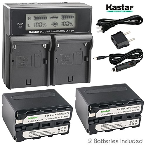 Kastar LCD Dual Fast Charger & 2 x Battery for Sony NP-F970 NP-F960 NP-F950 Sony DCR-VX2100 DSR-PD150 DSR-PD170 FDR-AX1 HDR-AX2000 HDR-FX1 HDR-FX7 HDR-FX1000 HVL-LBPB HVR-HD1000U HVR-V1U HVR-Z1P