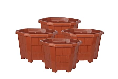 HALSEY plastic Flower Pots, Brown, Large, Pack of 4