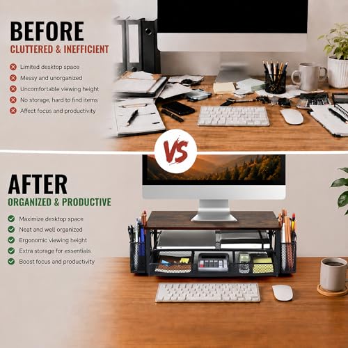 Computer Monitor Stand Riser with Storage, 2-Tier Wooden Desk Organiser and Accessories with Drawer & 2 Pen Holders, Ergonomic Desktop Stand for Printer, iMac & Office Desk Accessories, Brown