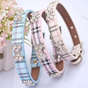 Lushpetz Tartan Plaid Dog Collar with Rhinestone Bones Available in Small, Medium & Large Sizes Pink Blue and Beige (Medium, Pink)