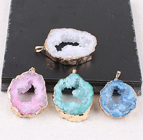 Natural Irregular Crystal Onyx Quartz Pendant,Geode Druzy Pendant Necklace Agate Polished Gilded Edges For Jewelry Making (A group of 4 colors)