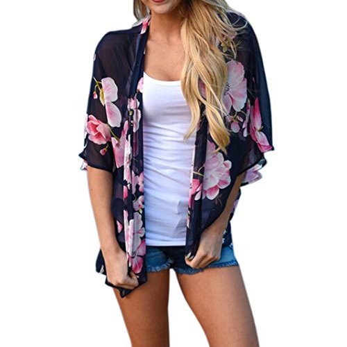 Clearance! Mikey Store Kimono Cardigans Floral Loose Half Sleeve Shawl Chiffon Casual Cardigan (Medium, Navy)