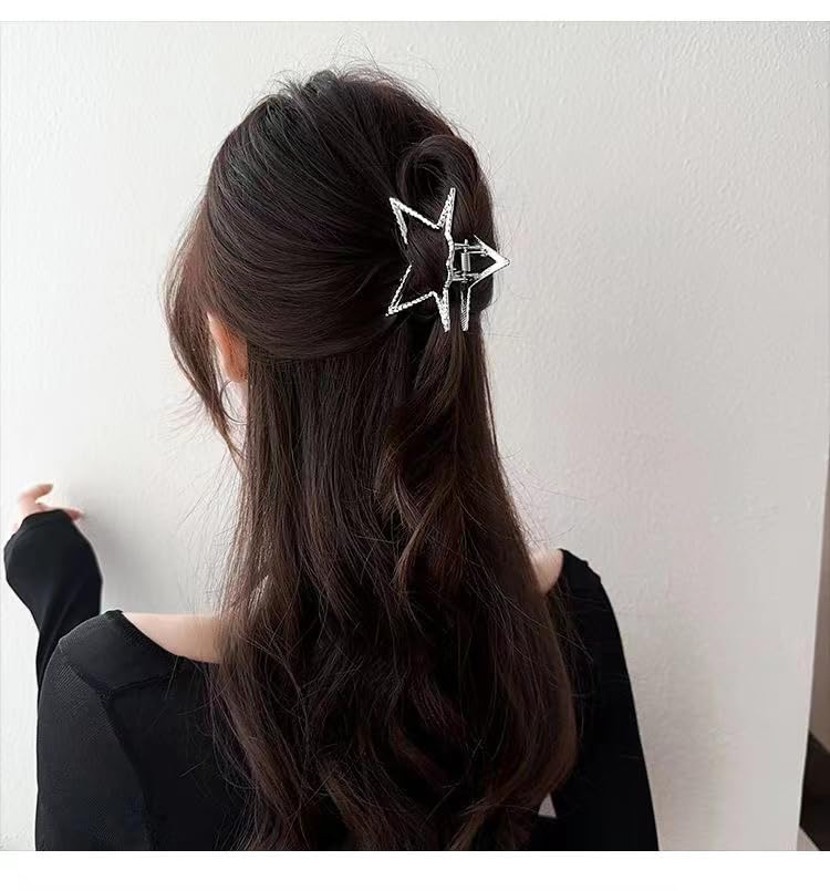 fdsmall Hair Claw Sliver Star Metal Hair Claw Clips for Thick Heavy Hair Strong Hold Claw Barrettes Star Designs Hair Barrettes Fashion Hair Accessories for Women Girls (Silver)