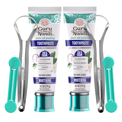 GuruNanda Hydroxyapatite Toothpaste for Whitening with Neem & Xylitol, SLS & Fluoride Free Formula with Tongue Scraper & Squeezer - Freshens Breath, Fights Plaque - Natural CocoMint Jasmine, Pack of 2
