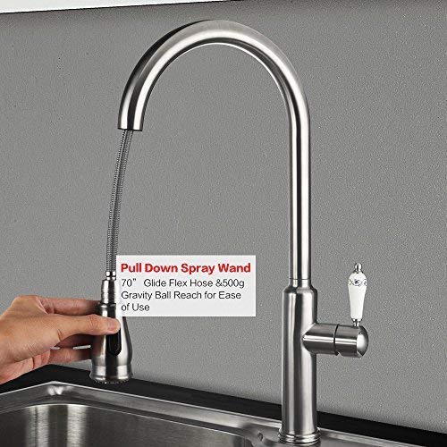 Yohom 1 or 3 Hole Commercial Stainless Steel Kitchen Sink Faucets with Pull Out Dual Function Sprayer, Porcelain Single Handle Pull Down Kitchen Faucet with 10” Hole Cover Deck Plate Brushed Finish - Thumbnail 3