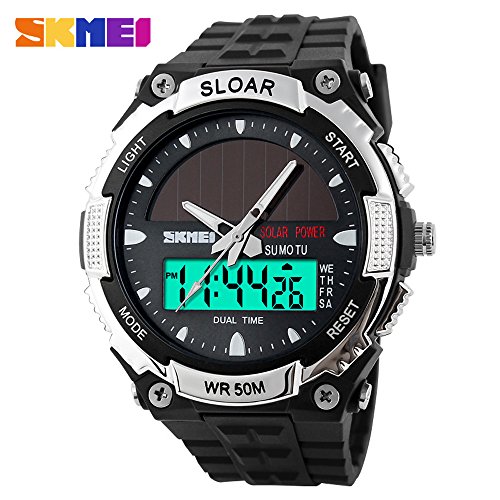SKMEI Fashion Sports Watch Military Time LED Back light Digital Watch 5ATM Waterproof Solar Power Dual Time Wrist Watch for Men and Women