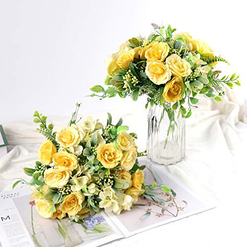 4 Bouquets Mini Artificial Peonies Flowers Silk Hydrangea with Fern Leaves Fake Plants for Table Centerpiece Flower Arrangements Wedding Decor (Yellow)