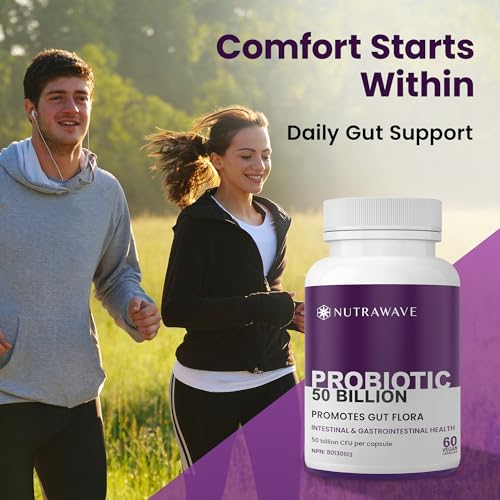 Nutrawave 50 BILLION Probiotics Women & Men, 15 Strains Active Culture. Relieves Bloating and Constipation, Improved Digestion and Gut Health Supplement, Non-GMO, Vegan, Gluten Free. 60 Vegan Capsules/ 60 Day Supply