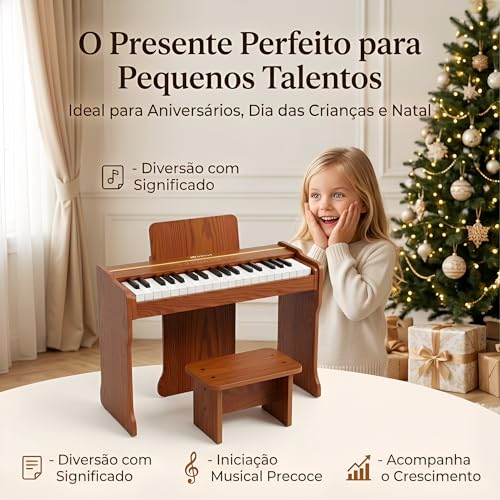 VEDO Piano Digital Infantil 37 Teclas, 128 Timbres, 128 Ritmos, 23 MúSicas De DemonstraçãO, Instrumento Musical Educativo, Madeira De Carvalho, Adequado Para Meninos E Meninas A Partir De 3 Anos