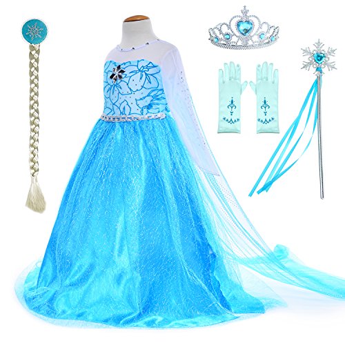 Snow Queen Princess Elsa Costumes Birthday Party Dress Up For Little Girls with Wig,Crown,Mace,Gloves Accessories 3T 4T (110cm)