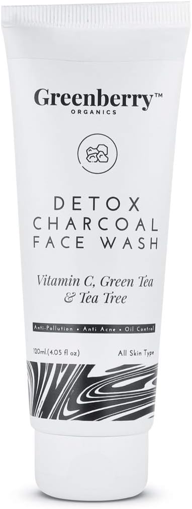 Greenberry Organics Detox Charcoal Face Wash with Vitamin C, Green Tea & Tea Tree for Anti-pollution, Anti- Acne & Oil Control, Unisex (120ml)