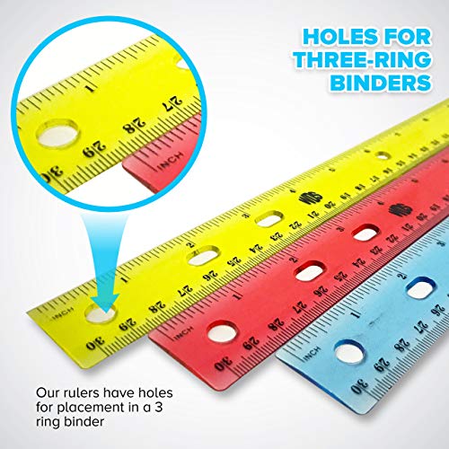 Ruler 12 Inch (30-Pack) - Bulk Rulers for Kids in Colorful Box - Individually Wrapped - Translucent Flexible Plastic - For School Teachers Students Class - Keep in 3 Ring Binder - Inches/Centimeters