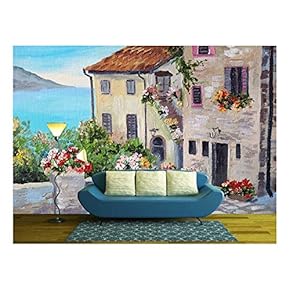 Oil Painting on Canvas of a Beautiful Houses Near The Sea, Architecture, City, Colorful - Removable Wall Mural | Self-Adhesive Large Wallpaper - 66x96 inches