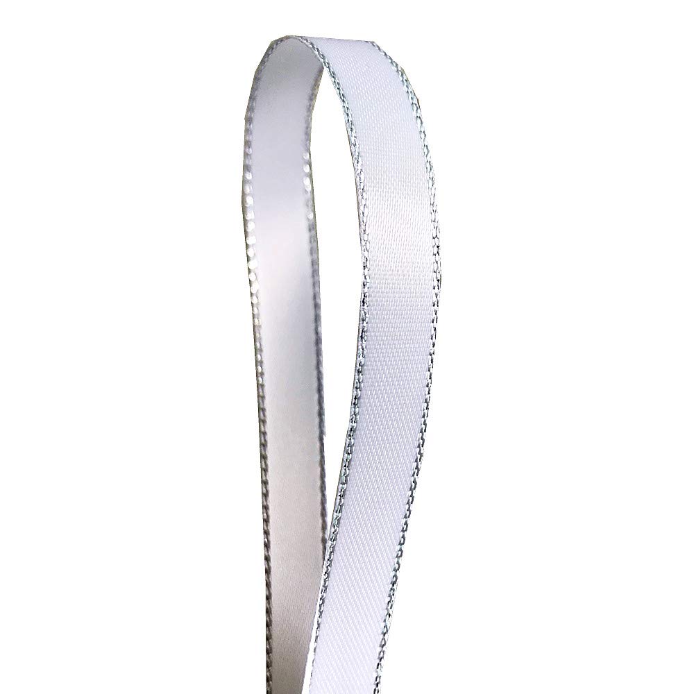 QIANF White Double Face Satin Ribbon with Silver Border for Gift Wrapping, Hair Bows, Wedding Party Decoration, Crafts Sewing, Invitation Cards, Floral Bouquets, Christmas, 1/4 Inch X 50Yd