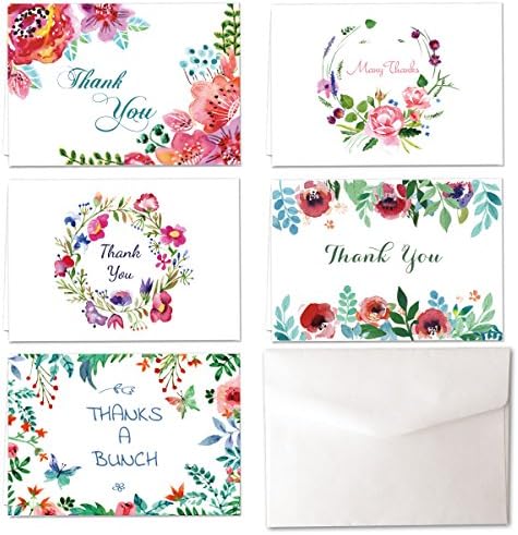 Thank You Cards Set of 30 Cards- 5 Floral Designs - Greeting Cards and Envelopes - Note for Occasions Such as a Baby Shower Birthday Graduation Weddings Bridal Party