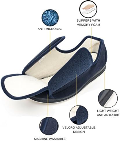 Memory Foam Woman Wide Slippers/Edema Shoes Antimicrobial Premium Diabetic Slippers Extra Large Swollen Feet Adjustable Velcro Closure Flaps Lightweight &amp; Comfortable Machine Washable
