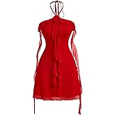 GORGLITTER Women's Flower Strapless Halter Bodycon Mini Dresses Elegant Classy Y2K Mesh Tassel Backless Summer Sundress