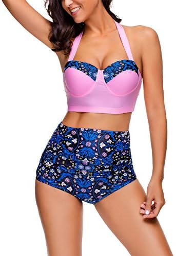 HiMiss Women Vintage V Neck Floral Print Bathing Suit High Waist Bikini Swimsuit Pink M