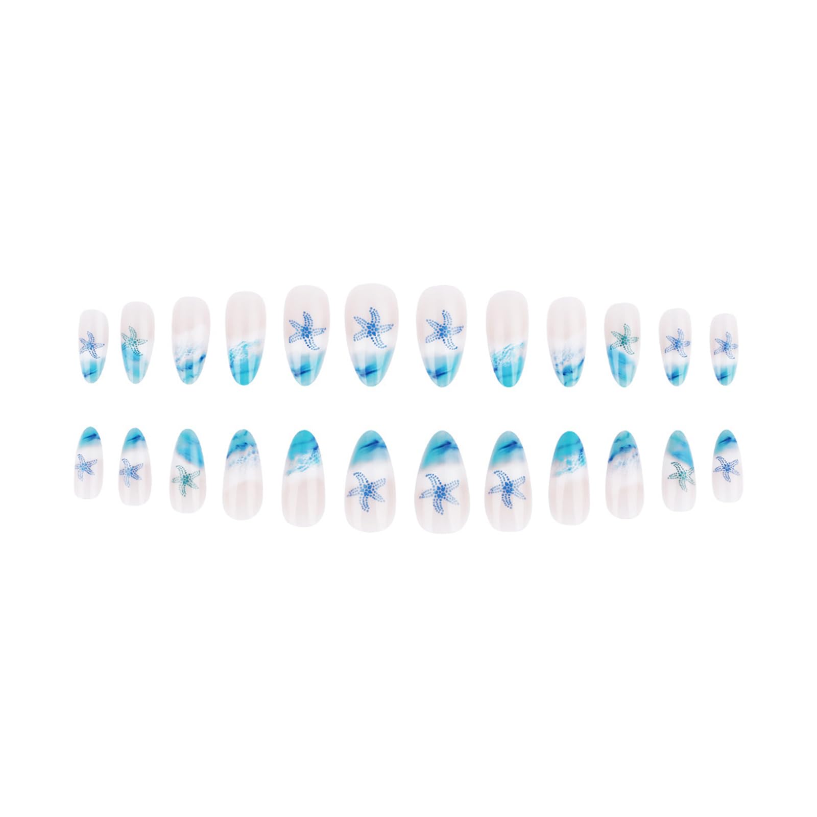Almond Press On Nails Medium Length Fake Nails Full Cover False Nails with Beach Waves Starfish Design Glossy Summer Glue on Nails Cute Blue Nail Tips Acrylic Stick on Nails for Women Girls Manicure - Image 7