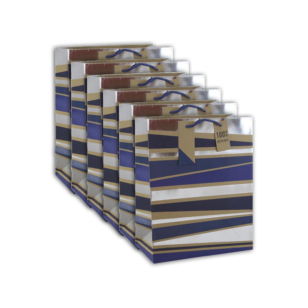 Clairefontaine 30597-2Cpack - A Pack of 6 Kraft Gift Bags- Large size - 26,5x14x33 cm - 210g - Blue Stripes on Kraft - Ideal for : Board Games, Puzzles, Gifts