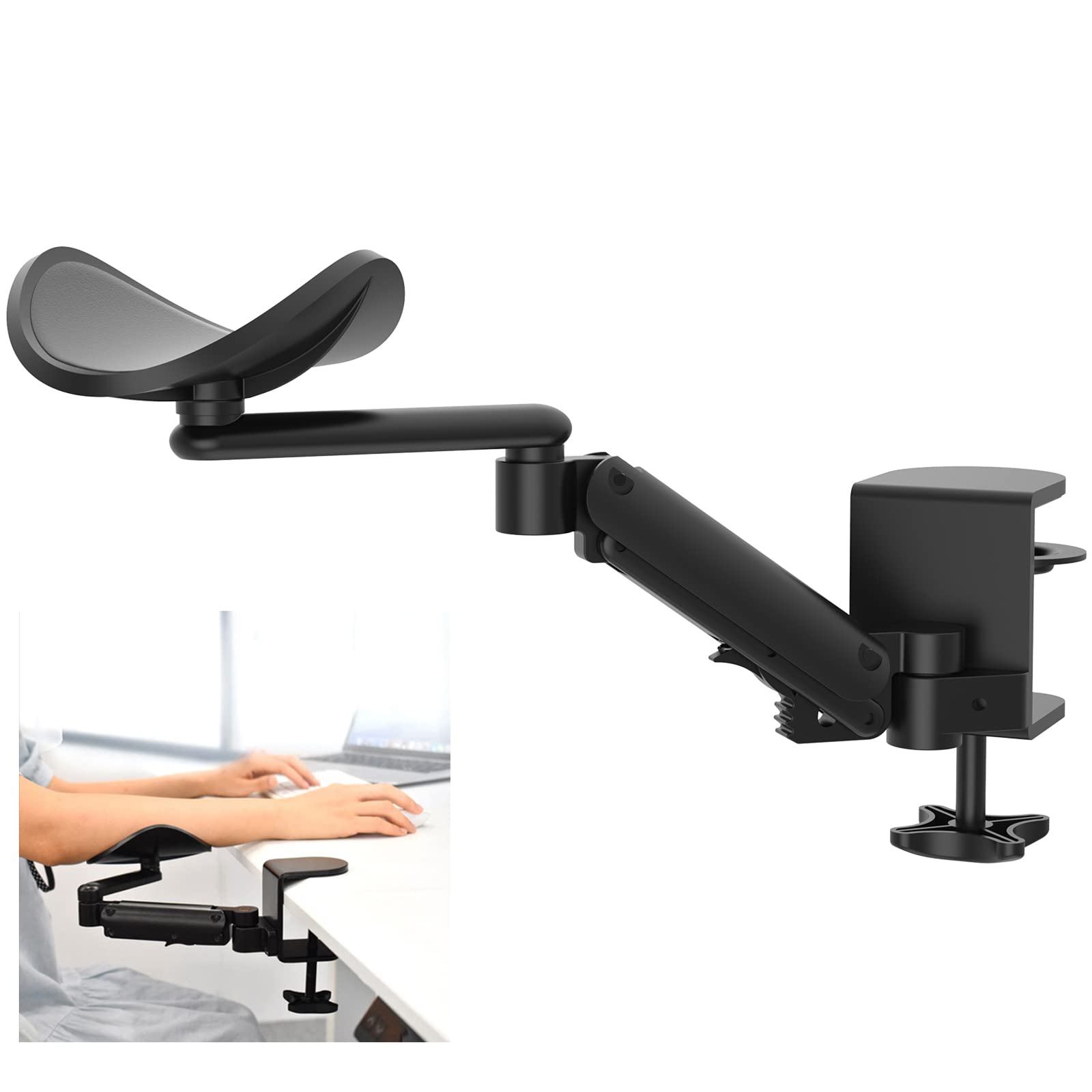 Photo 1 of JOY worker Clamp-on Adjustable Armrest for Desk, Ergonomic 360°Rotating Elbow Cushion Pad with 6-Level Height, Above Desk Extension Platform Arm Support for Left/Right Hand, Black