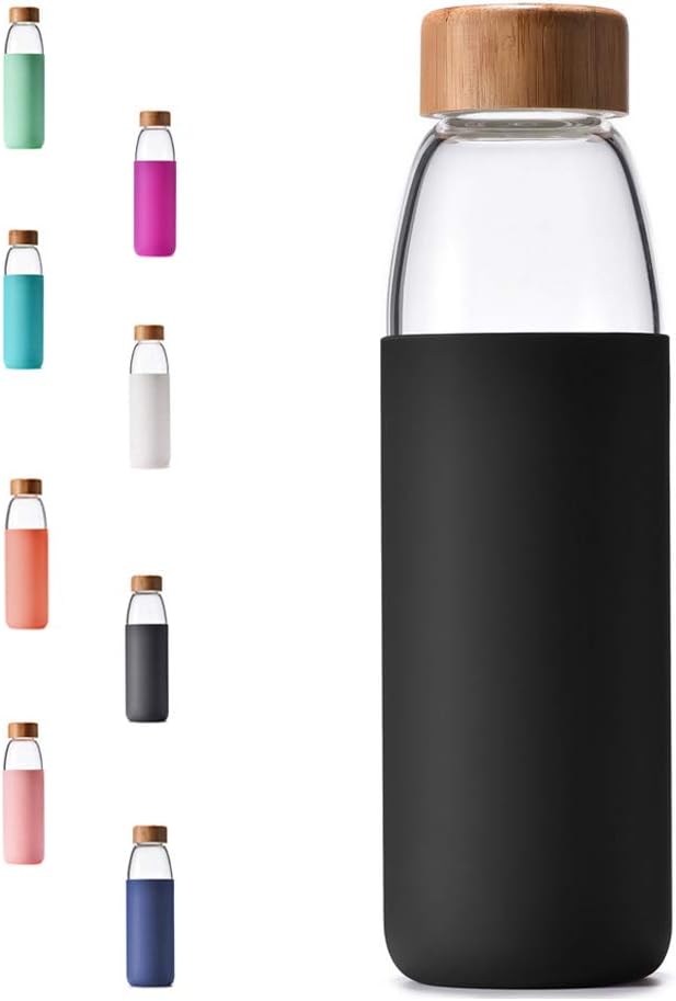 Veegoal Dishwasher Safe 18 Oz Borosilicate Glass Water Bottle with Bamboo Lid and Protective Sleeve-Bpa Free