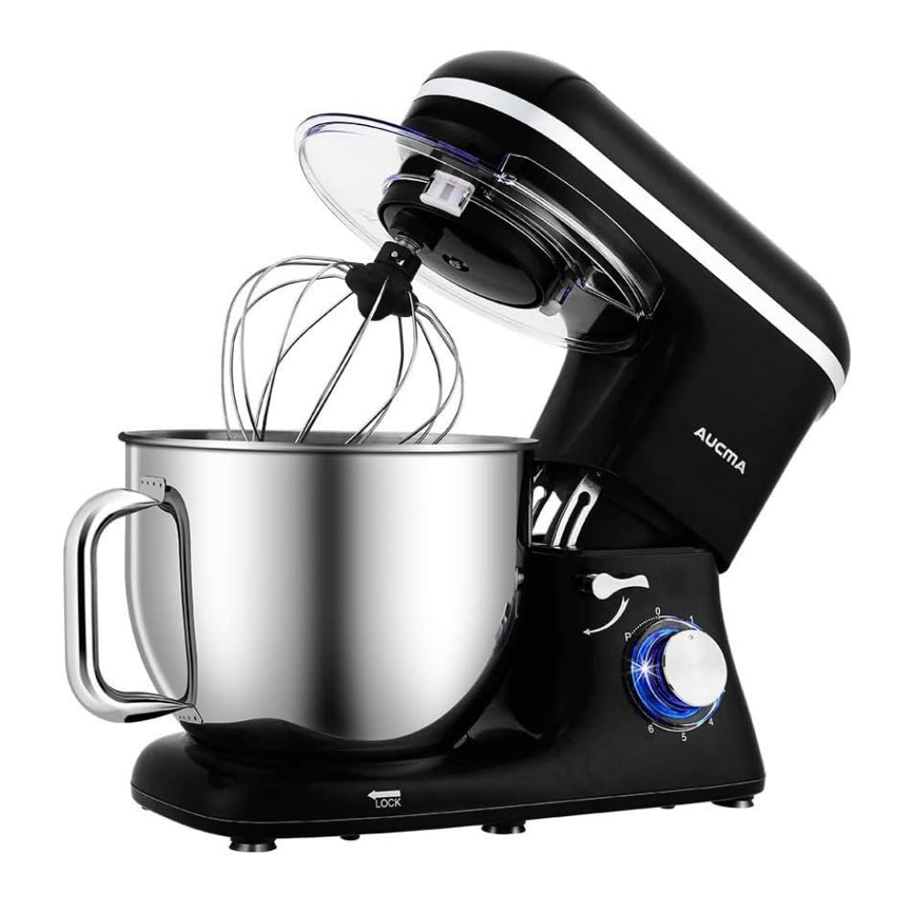 Aucma Stand Mixer,7L Tilt-Head Food Mixer, 6 Speed Electric Kitchen Mixer with Dough Hook, Wire Whip & Beater 1400W (7L, Black)