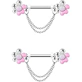 Kokoma 14G Flower Nipple Rings with Dangling Chain for Women, Stainless Steel Pink Floral Nipplerings Barbell Nipple Shield Piercing Body Piercing Jewelry