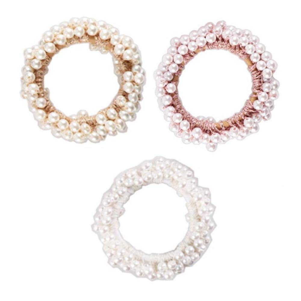 3 PCS Pearl Hair Scrunchies, Elegant Ponytail Holders for Women and Girls, Stretchy Hair Ties for Curly, Straight, Thick or Thin Hair, Perfect for Wedding, Party(Gold, Pink, White)