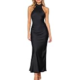 Women Summer Satin Halter Neck Backless Formal Wedding Guest Maxi Dress | Silk,High Neck,Sexy,Cowl back,Tie,Elegant,Cocktail,Bridesmaid,Beach,Vacation,Party,Graduation,Gift,Spring,Blue,Party
