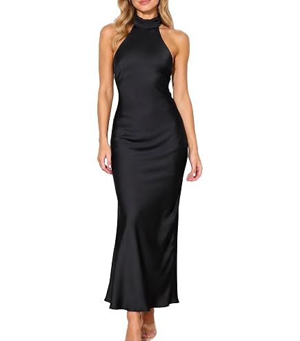 black halter wedding guest dress OYOANGLE Women's Satin Maxi Cocktail Dress color-silver