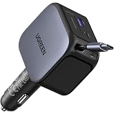 UGREEN 145W 4-Port Retractable Car Charger with 60W Retractable Cable | 2 USB-C 1 USB-A, For iPhone 18 Pro Max 18 Duo 17 16 15 14 13 12 series, Galaxy S26 S25 S24 Ultra, iPad, MacBook, and more