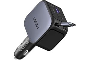 UGREEN 145W Retractable Car Charger, 4-Ports Car Phone Charger Fast Charging with 60W Retractable USB C Cable, Cigarette Ligh