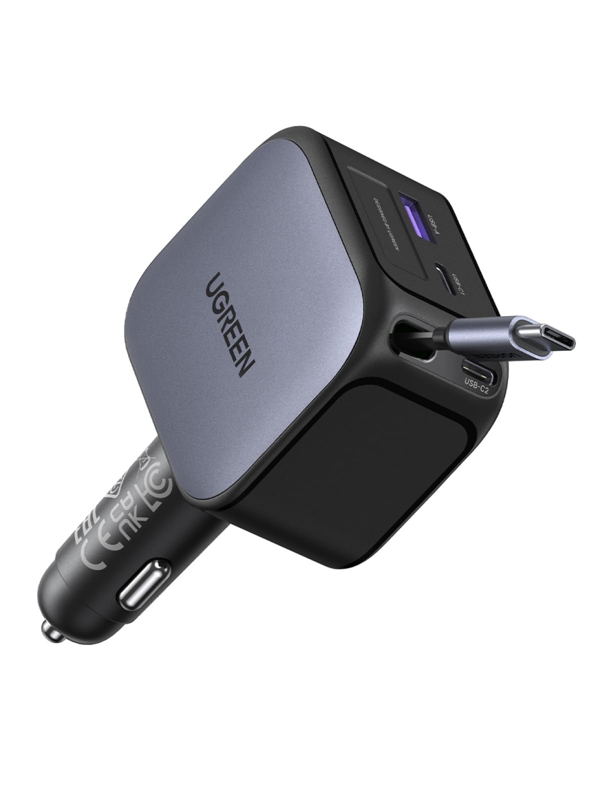 UGREEN 145W 4-Port Retractable Car Charger, 3C1A USB C Fast Charger with 60W Retractable Cable, Cigarette Lighter Adapter Compatible with MacBook Pro, iPhone 17/16, Galaxy S25/S24 Ultra, iPad, Laptop