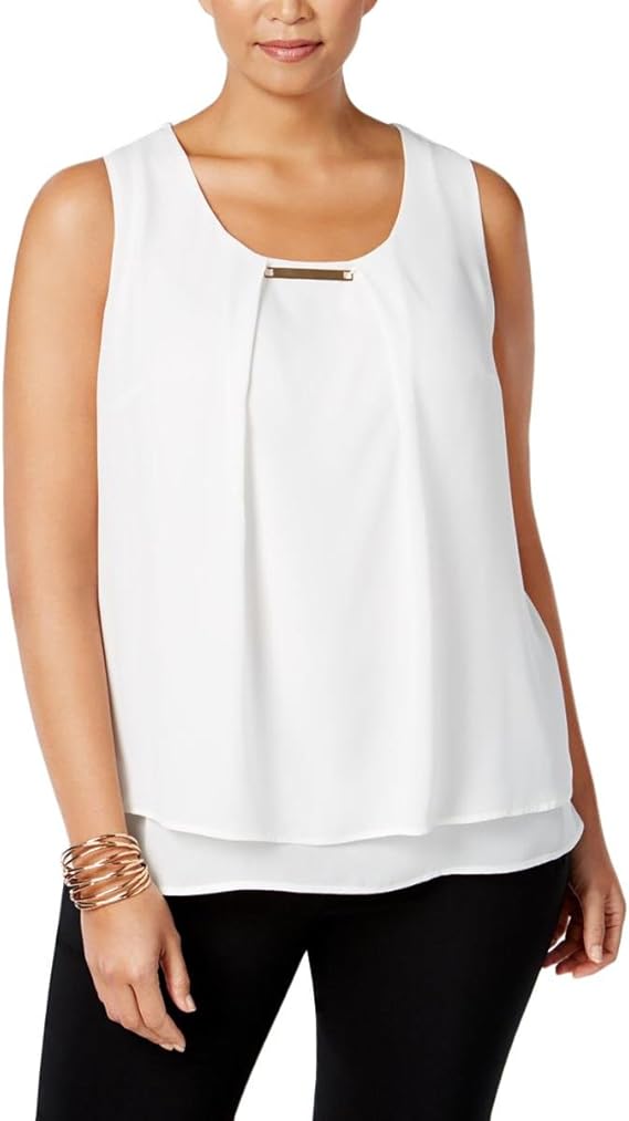 NY Collection Women's Plus Size Solid Sleeveless Layered Top with Trim