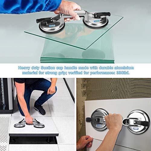 High Performance Glass Suction Cup Lifter, Heavy Duty Aluminum Double Vacuum Handle Glasses Tile Lifter Puller Gripper Plate/Pad for lifting moving large glass/repairing laminate floor gap fixer
