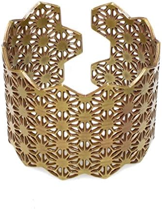 Unisex Brass Adjustable Cuff Bracelet Oriental Bangle Laser Cut Asanoha Geometric Hemp Leaf Pattern