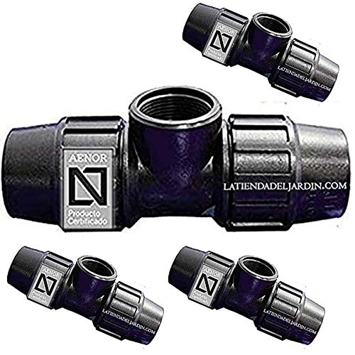 Suinga Pack of 4 Polyethylene Tee, 20 mm x 1/2 inch, Female for Polyethylene Pipe 20 mm | PE Aenor Fittings | Irrigation and Plumbing, Black