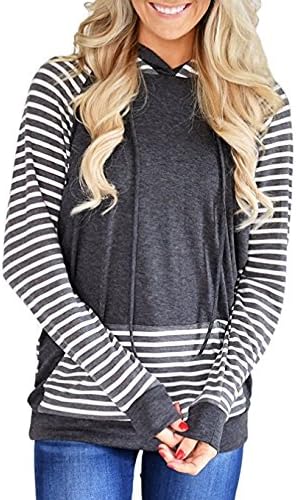 Xinglan Women Casual Camo Floral Print Long Sleeve Drawstring Hoodie Pullover Sweatshirt With Pockets (S, Stripe &amp; Charcoal)