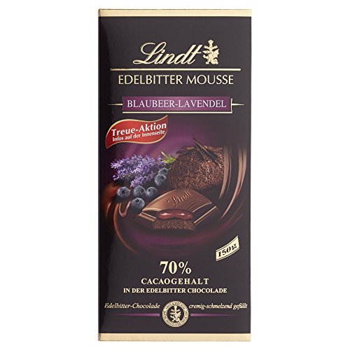 Lindt Edelbitter Mousse Blaubeer Lavendel, dunkler Chocolade mit einer Blaubeer-Lavendel-Füllung auf dunkler Mousse au…