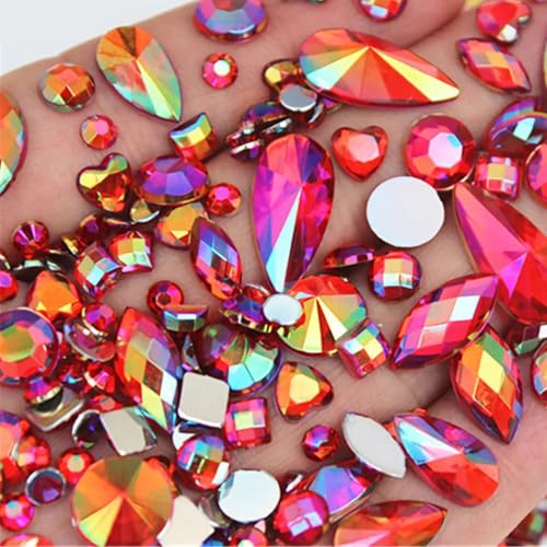 Photo 1 of 1000Pcs AB Rhinestones Gems Jewels, Acrylic Flatback Crystal Gemstone, Mix Shape Craft Stones Gems for Dress, Bag, Jeans, Clothes, Dance Costume, Shoes Crafting Accessories (11 Red AB)