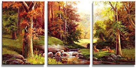 Meigan Art Canvas Wall Art- Multi Pieces Canvas Prints Harvest Season Deers Modern Landscape in Oil Paintings Artwork Style for Wall Decor/Home Decoration (12X16InchX3)