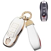 SANRILY Golden-Edge Key Cover for Porsche 911 Cayenne Panamera Macan Keyless Soft TPU Key Case Shell with Leather Keychain Beige