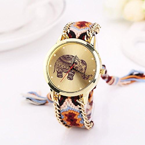 Women Elephant Pattern Weaved Rope Band,Ninasill Bracelet Quartz Dial Wrist Watch Orange