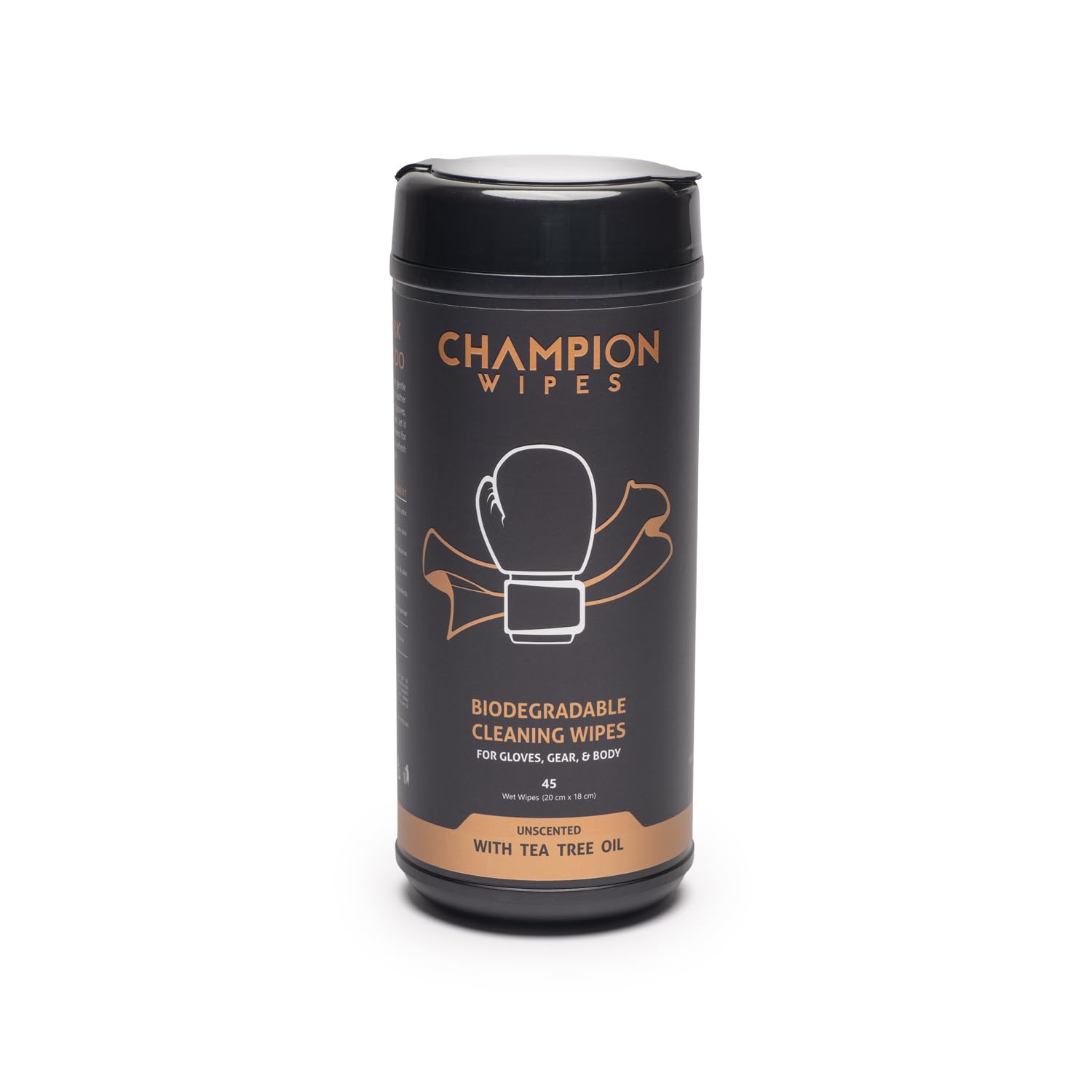 Photo 1 of Champion Wipes - Boxing Glove Cleaning Wipes, 45 Count | Tea Tree Oil Formula | For Gloves, Gear & Body | Made with Biodegradable Viscose | Streak Free, No Residue (Canister, Unscented)