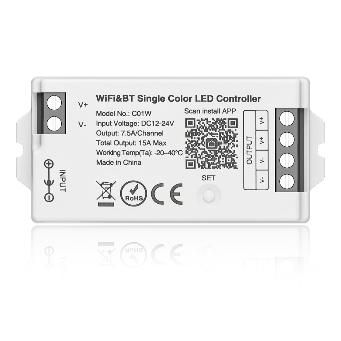 BTF-LIGHTING C01W Monochrome 2.4 GHz WiFi Single Color LED Strip Controller Dim Brightness Group Control Compatible with Alexa Google Home APP Control Work with WR02RF RC01RFB Remote