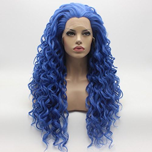 Long Curly Light Blue Wig Half Hand Tied Heat Friendly Heavy Density Synthetic Lace Front Realistic Wigs